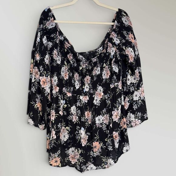 torrid Tops - Torrid Challis Smocked Off-Shoulder Blouse Babydoll Top Black Floral Size 3X